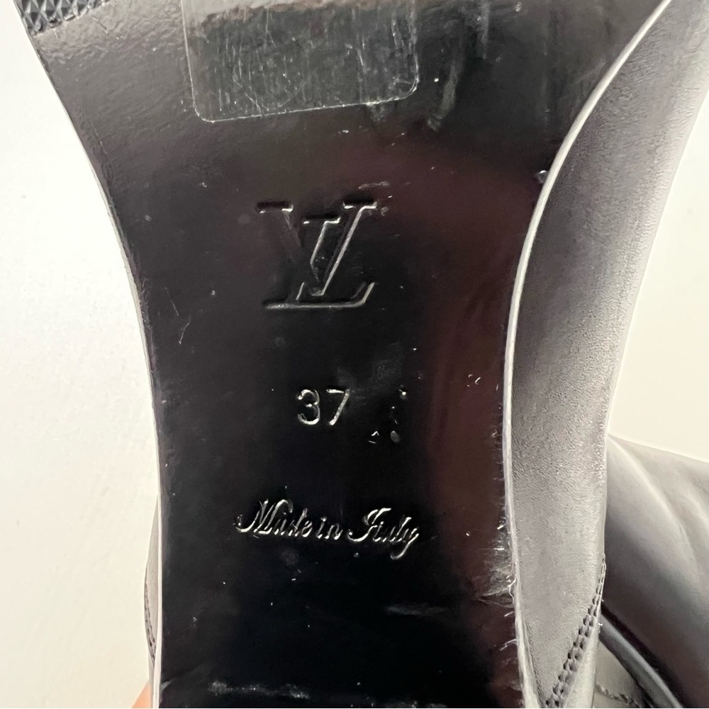 LOUIS VUITTON | Black Leather Ankle Booties LV Logo Buckle Block Heel EU 37 - Picture 14 of 15